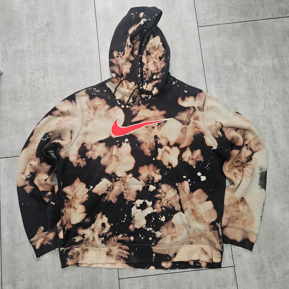 Nike Custom Bleach Dye Hoodie Mens XL Black Red Swoosh Distressed Acid Wash